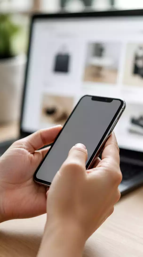 Close-up of a person's hands holding a smartphone, with a blurred background of a website showcasing affiliate links, clean image, no text, no words, no typography, 8K