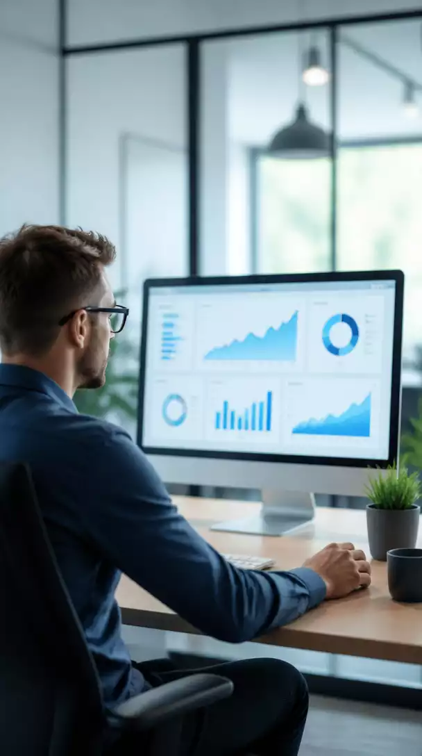 Person analyzing marketing data charts on a computer screen, showing growth and optimization, no text, no words, no typography, no labels, clean image