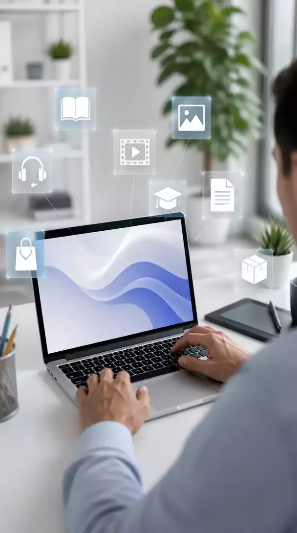 Person using a laptop with Clickbank interface on screen, surrounded by digital product icons