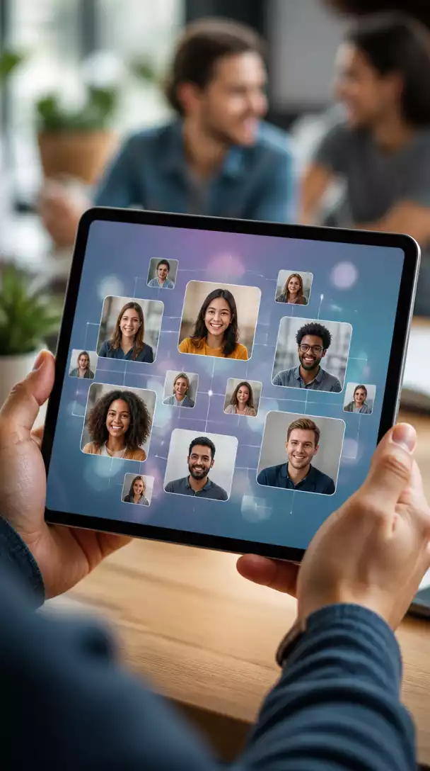 Person interacting with a digital community on a tablet, showing diverse user profiles