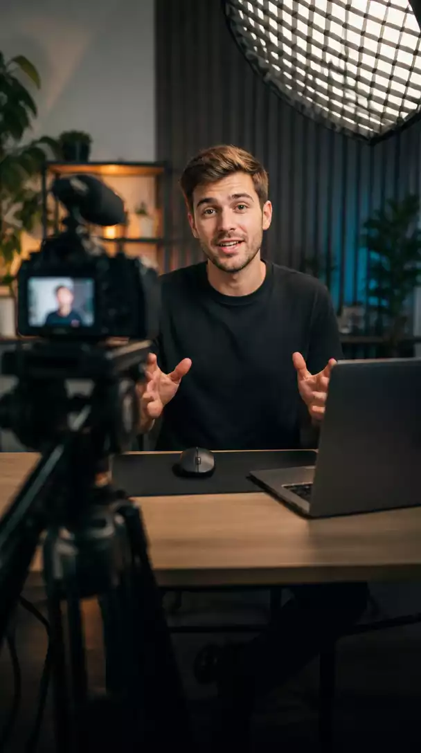 Person creating video content for YouTube, with a camera and lighting, relevant to ClickBank product promotion