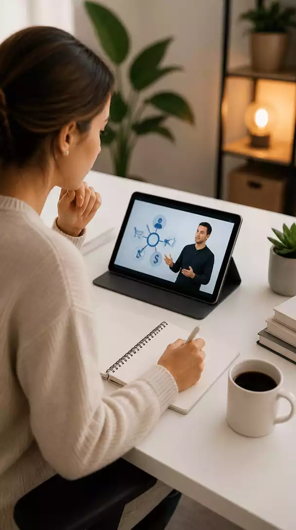 Person studying an online course on a tablet, focused on affiliate marketing, with notes and a cup of coffee on a clean desk, no text, no words, no typography, no labels, clean image