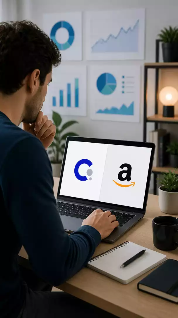 Person researching affiliate marketing platforms on a laptop, showing both ClickBank and Amazon Associates logos, with charts and graphs in the background, no text, no words, no typography, no labels, clean image