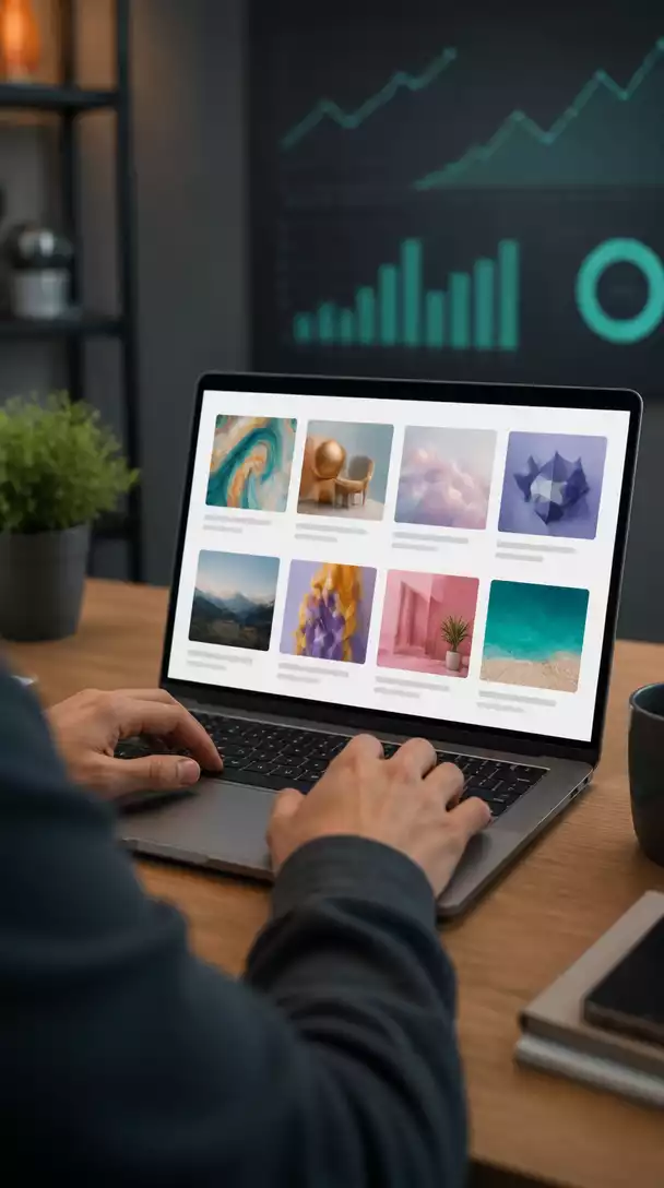 Person using a laptop to browse through digital products on a marketplace website, with charts and graphs in the background indicating sales data.