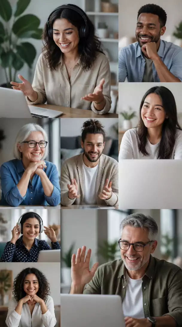Diverse group of people engaging in an online community, supportive atmosphere, personal growth focus