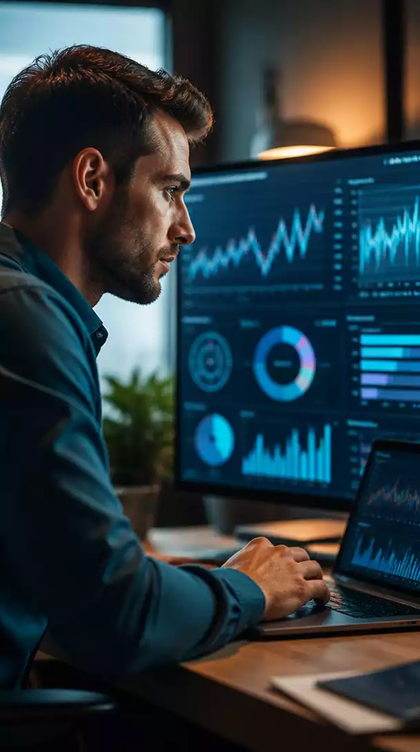 Person analyzing data and charts on a computer screen, with a focused expression, representing strategy and optimization.