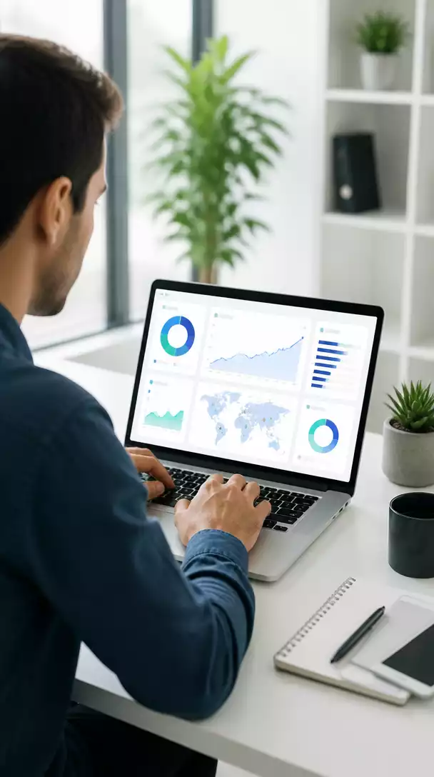 Person using a laptop to manage affiliate marketing campaigns, showing data analytics and a chart on the screen