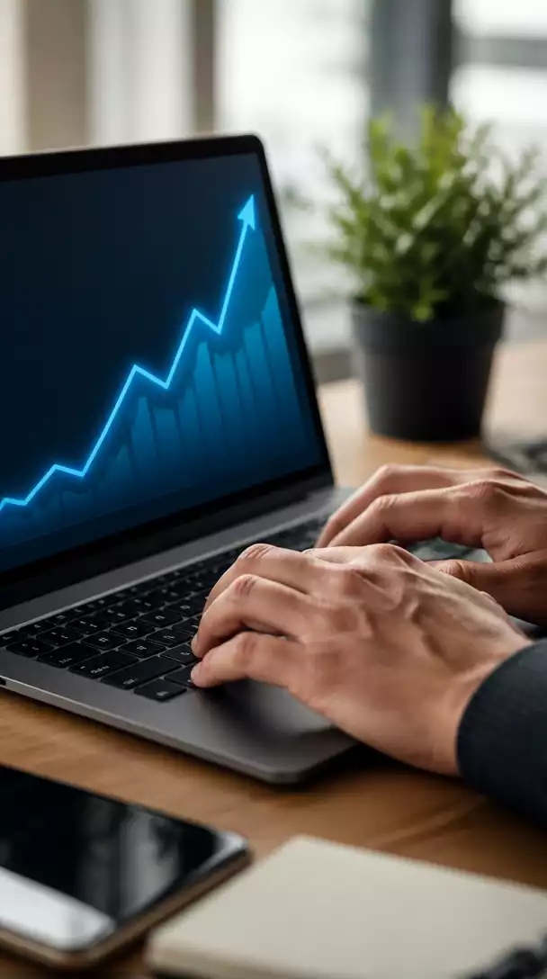 Close-up of a person's hands typing on a keyboard, with a generic 'success' graph on laptop screen, representing affiliate marketing growth