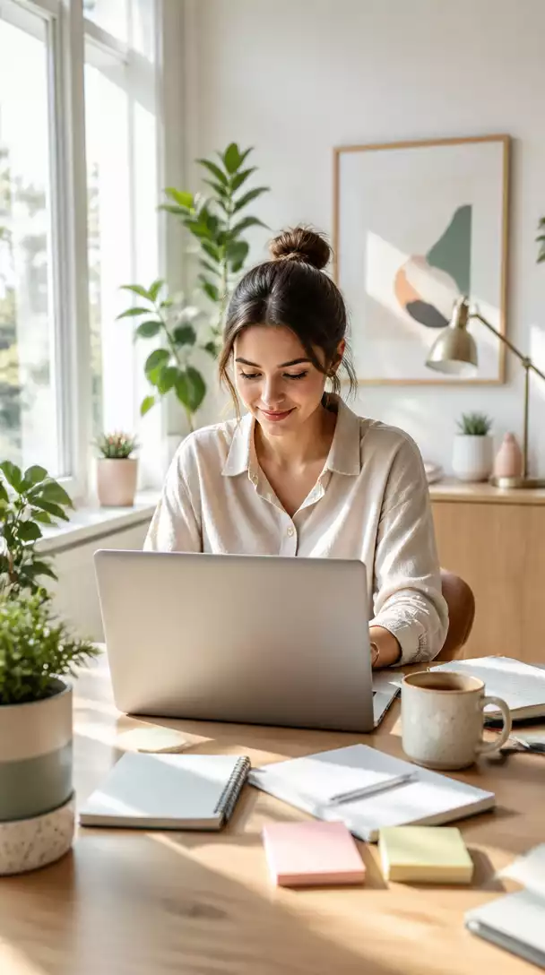 Blogger writing a review on a laptop, surrounded by notes and a cup of coffee, bright and airy home office, no text, no words, no typography, no labels, clean image, 4K, natural lighting