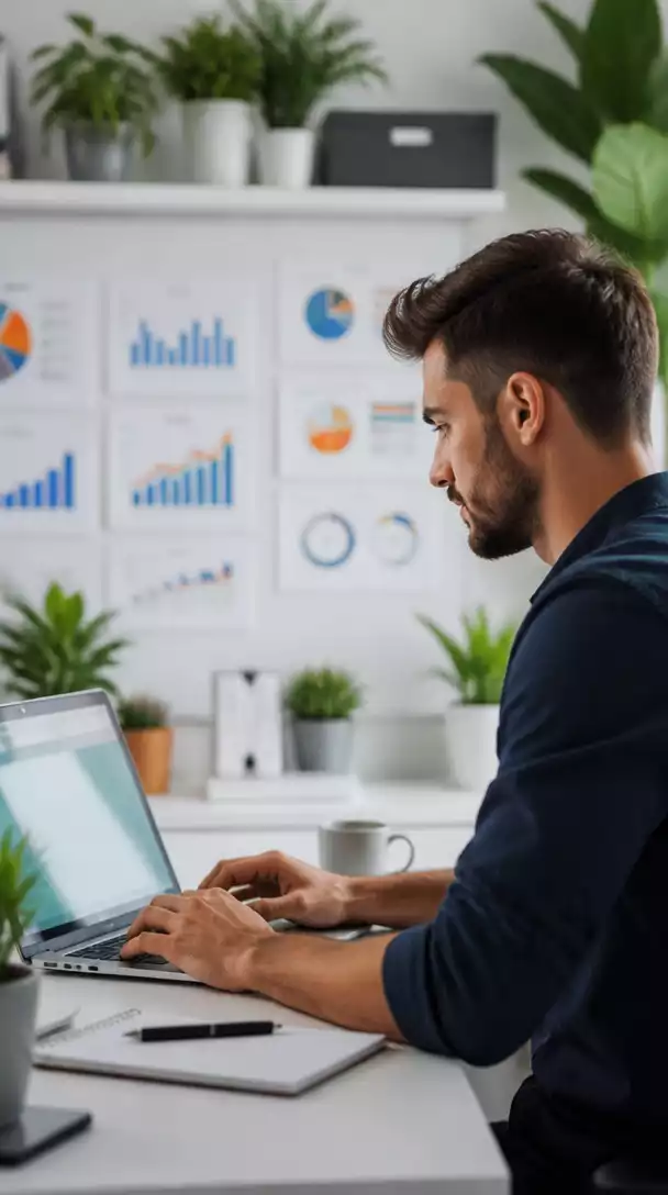 Person researching affiliate marketing on a laptop, with charts and graphs in the background, no text, no words, no typography, no labels, clean image