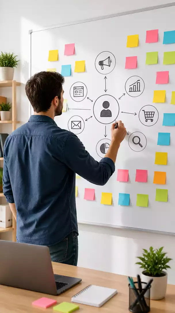 Person planning affiliate marketing strategy on a whiteboard with sticky notes