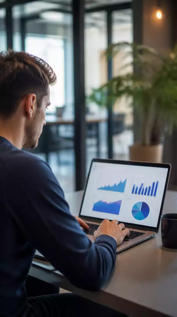 Person analyzing affiliate marketing data on a laptop, showing charts and graphs comparing performance of different platforms like Clickbank and Digistore24