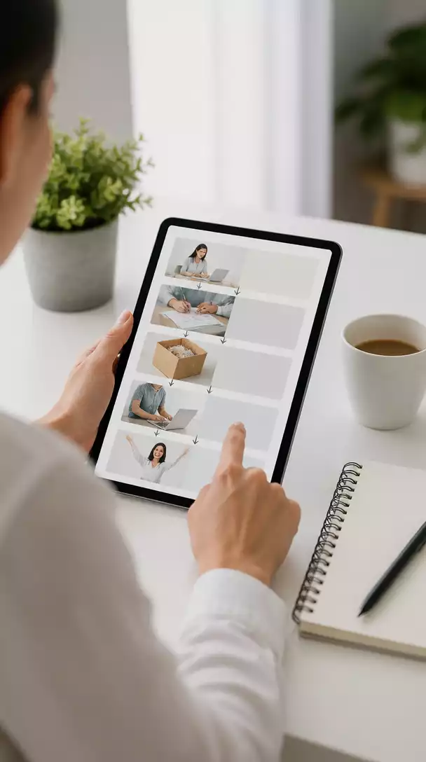 Person using a tablet to follow a step-by-step guide for starting an online business, with a notepad and coffee on a clean desk