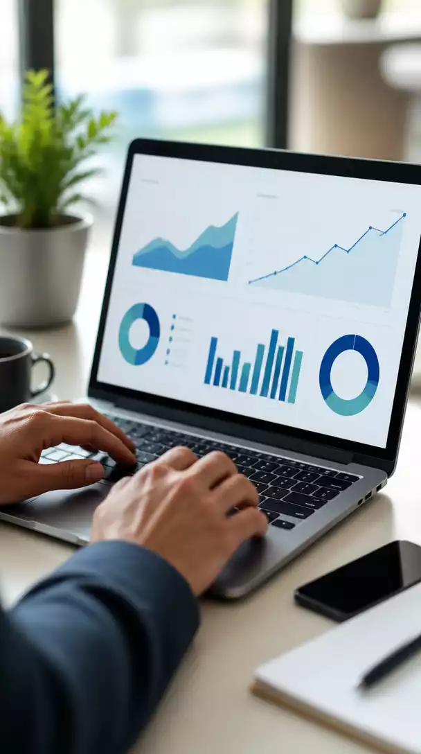 Person using a laptop with charts and graphs on screen, representing affiliate marketing analytics