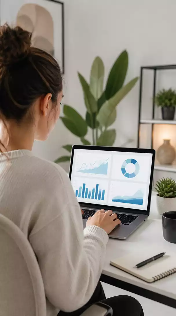 Person researching affiliate marketing on a laptop, with charts and graphs on screen, clean and modern aesthetic, no text, no words, no typography, 8K