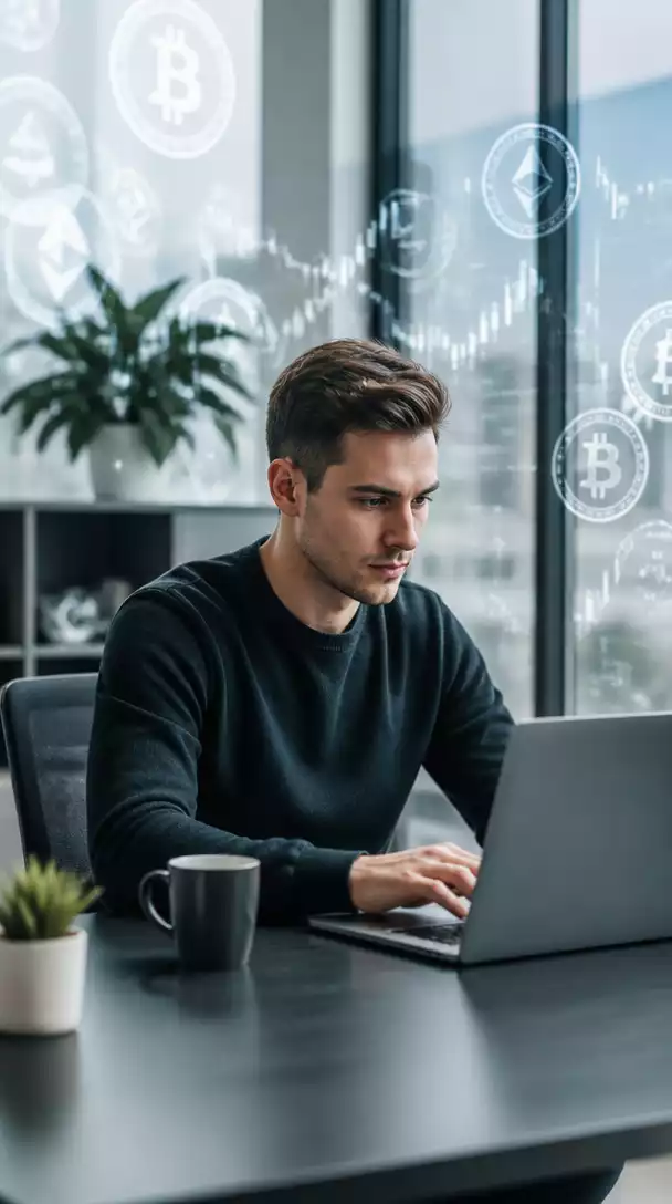 Person researching cryptocurrency trends on a laptop, with financial charts and digital currency symbols