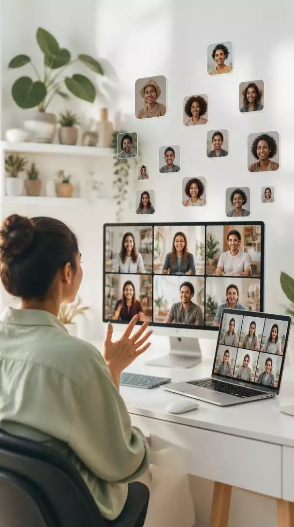 Stylized graphic of a person connecting with a diverse audience through digital channels, representing successful niche marketing.