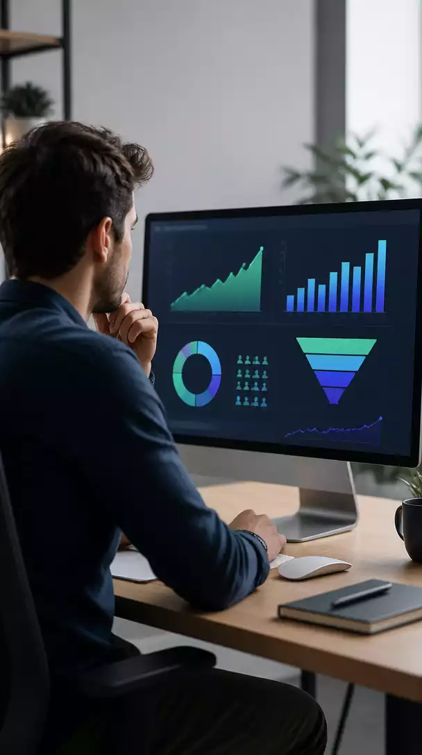 Person analyzing conversion rate data on a computer screen, charts and graphs visible, representing affiliate marketing success, no text, no words, no typography, no labels, clean image