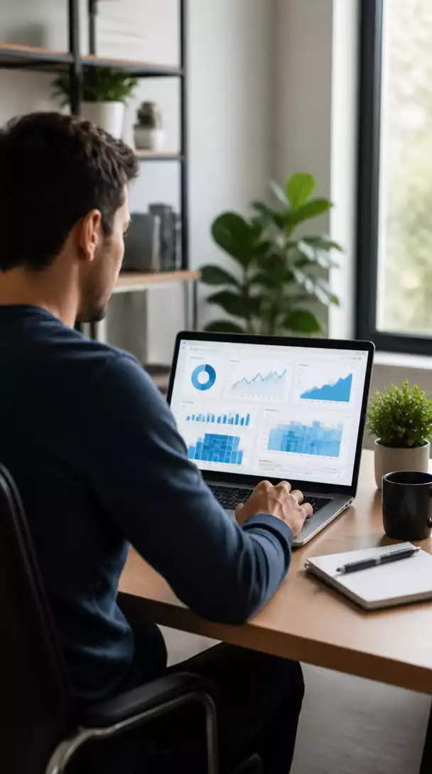 Person researching digital products on a laptop, with charts and graphs on screen