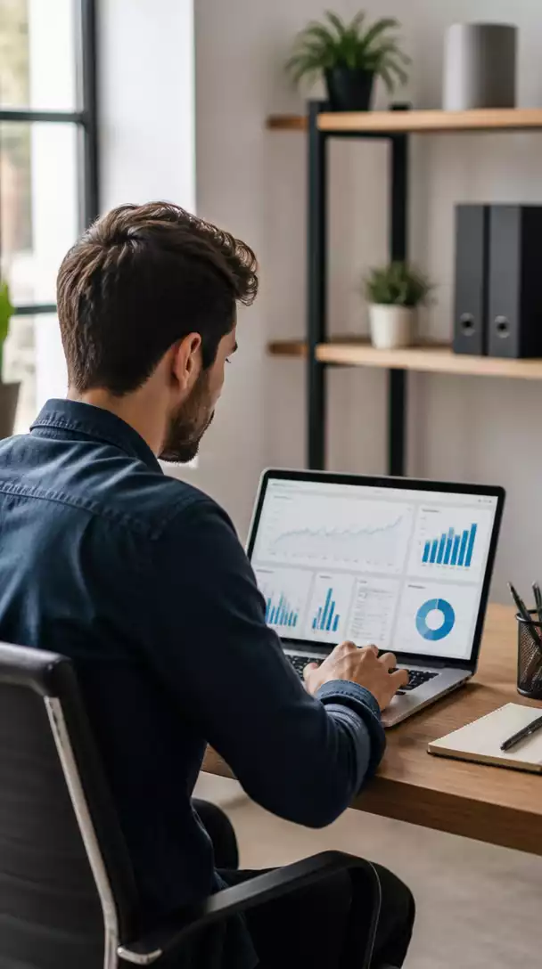 Affiliate marketer working on laptop, with charts and graphs on screen, clean office environment