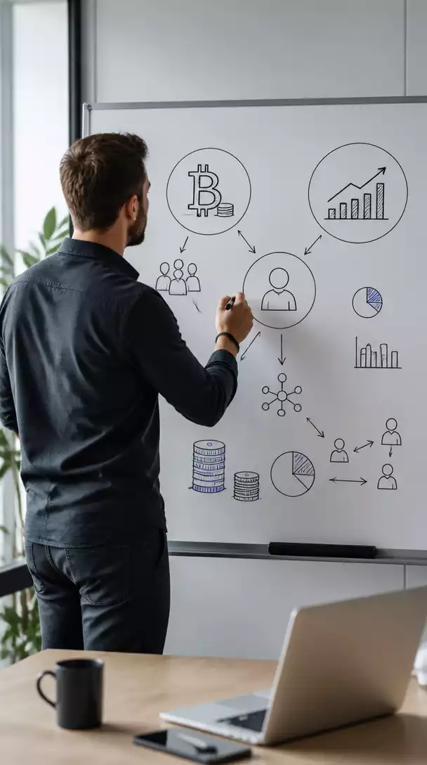 Person planning affiliate marketing strategy on a whiteboard, with diagrams of niches and commission structures