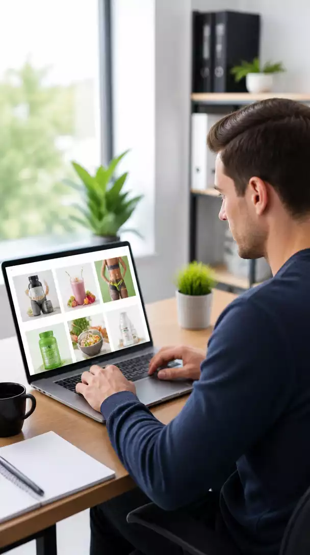 Person using a laptop to browse Clickbank marketplace for weight loss products, focused expression, bright office setting, no text, no words, no typography, no labels, clean image