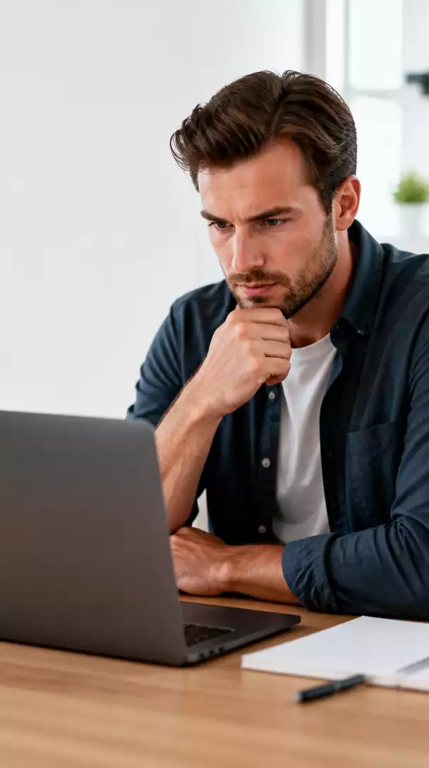 Affiliate marketer analyzing keyword research data on a laptop with a focused expression, representing smart strategy and decision making, no text, no words, no typography, no labels, clean image