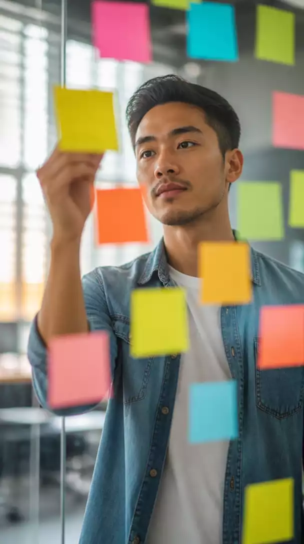 Person brainstorming with sticky notes on a glass board, illustrating experimentation and strategy development