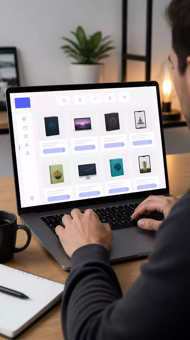 Person using a laptop with a ClickBank interface on screen, showing digital products and affiliate links, clean modern design, no text, no words, no typography, no labels, clean image