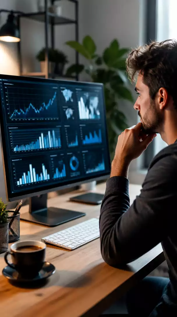 Affiliate marketer analyzing data and charts on a computer screen, focused and determined, with a cup of coffee on the desk, no text, no words, no typography, 8K, natural lighting