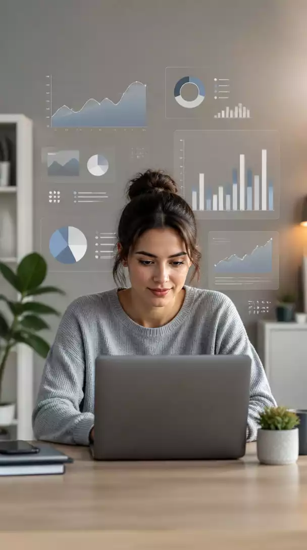 Person researching digital products on a laptop, with graphs and analytics in the background, clean and modern aesthetic, no text, no words, no typography, no labels, clean image, 4K, natural lighting