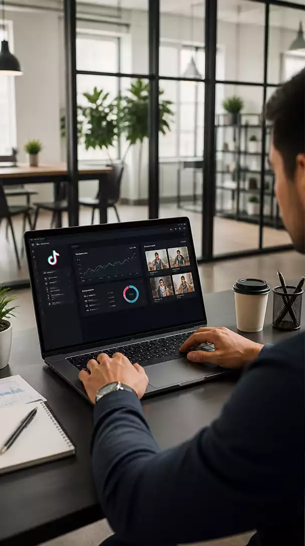 Person using a laptop with TikTok interface on screen, showing analytics or content planning, modern office setting, no text, no words, no typography