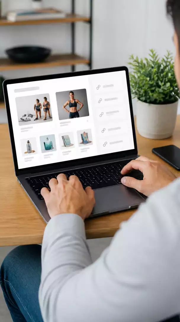 Person using a laptop with a Clickbank dashboard on screen, showing digital products and affiliate links