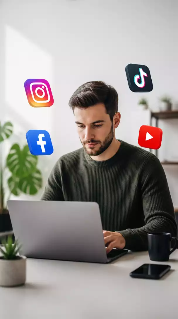 Person using a laptop with various social media icons floating around, representing affiliate marketing without a website.