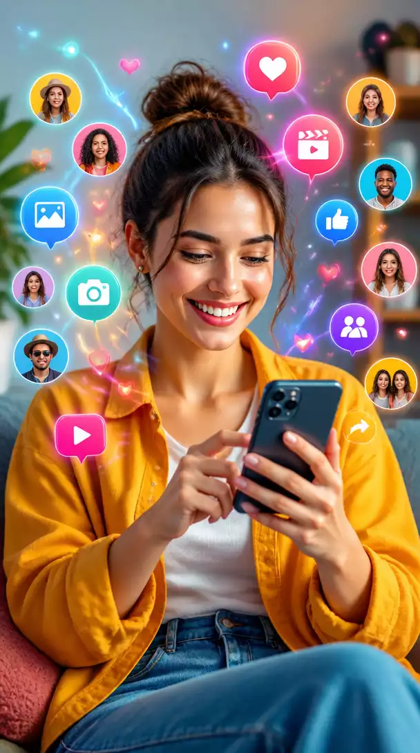 Person using social media on a smartphone, with icons representing content creation and community engagement, bright and dynamic, no text, no words, no typography, 8K