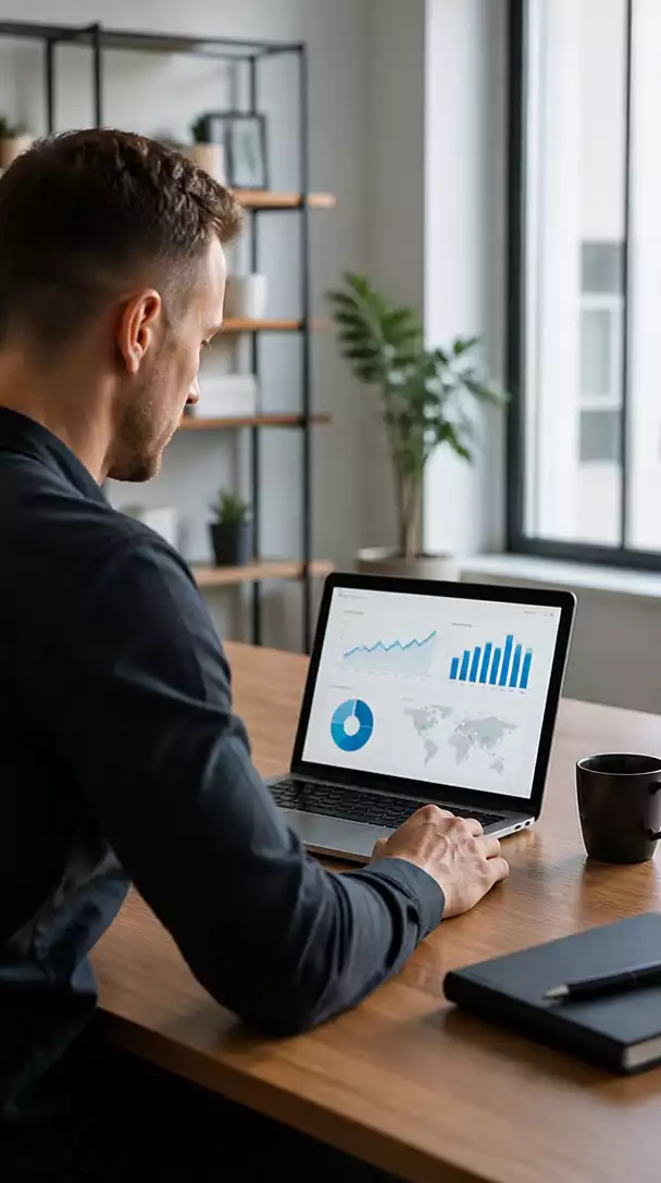 Professional affiliate marketer reviewing ClickBank dashboard on a laptop, focusing on refund rate analytics, with a clean and modern office background