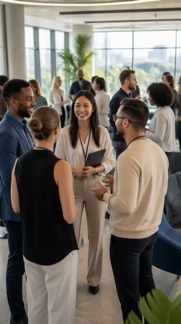 Diverse group of people networking at an affiliate marketing conference, with a modern, bright setting, no text, no words, no typography, no labels, clean image