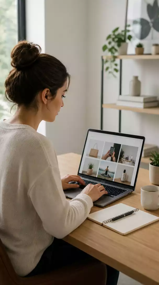 Person researching affiliate marketing on a laptop, with a clean desk background and natural light, no text, no words, no typography, no labels, clean image