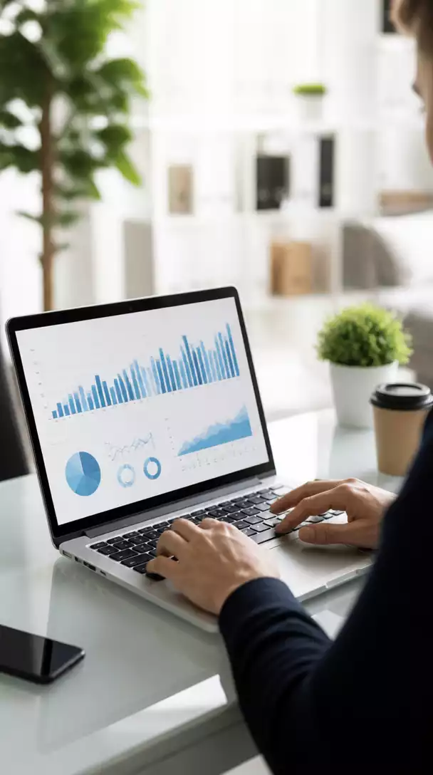 Person using a laptop with charts and graphs on screen, representing data analysis and optimization