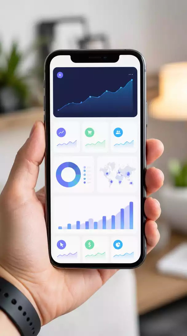 Hand holding a smartphone displaying an affiliate marketing dashboard with metrics