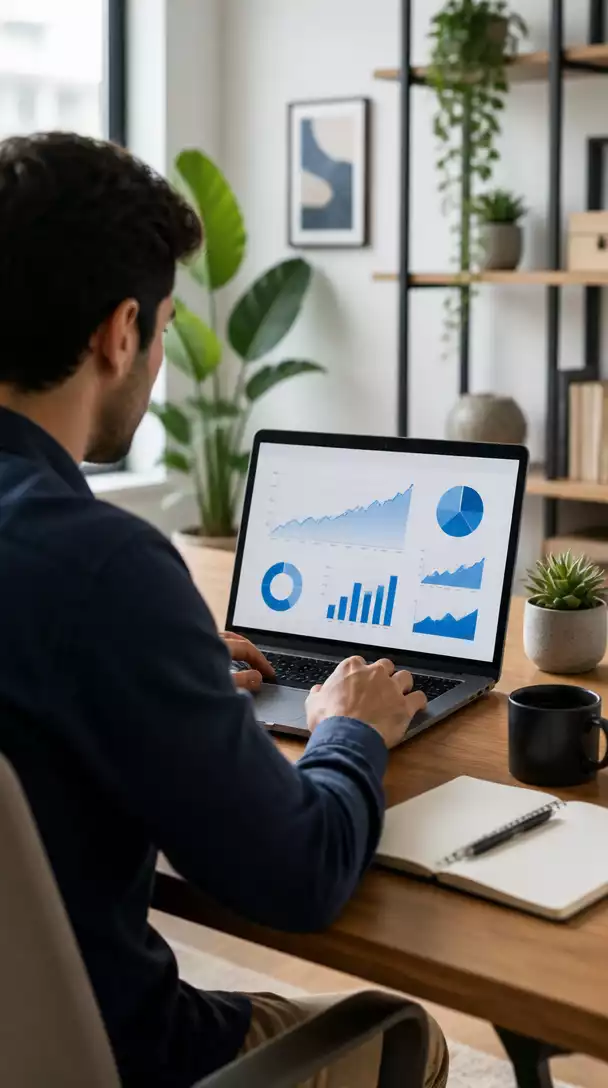 Person researching affiliate marketing on a laptop with charts and graphs on screen