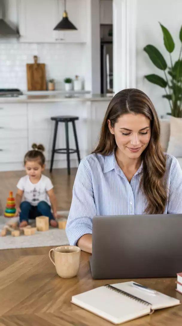 Stay-at-home mom working on a laptop with a child playing in the background, illustrating work-life balance and flexibility