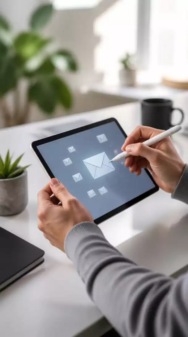 Person writing email content on a tablet, with email icons and a clean, modern workspace, no text, no words, no typography, no labels, clean image