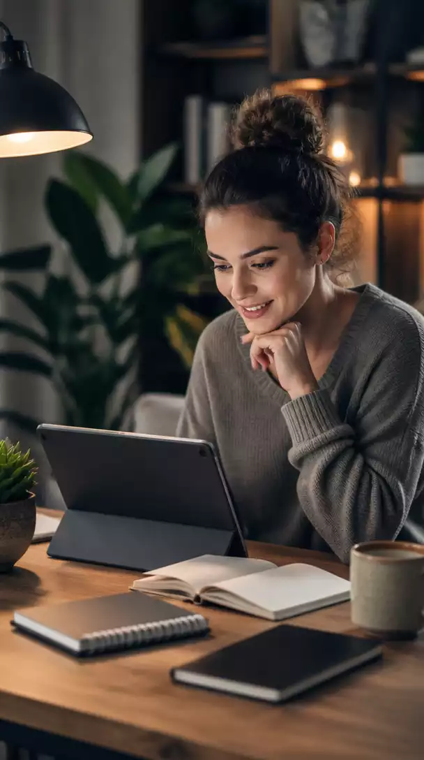Woman learning online from home on a tablet, with a focus on education and personal growth