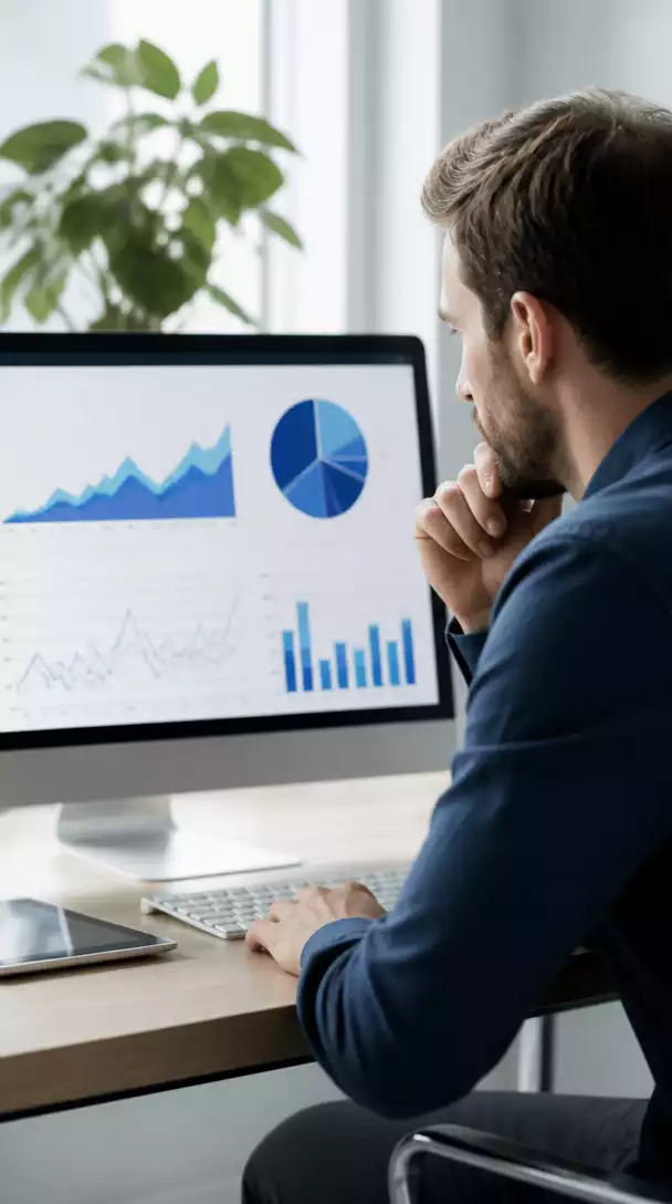 Person analyzing charts and graphs related to refund rates on a computer, with a focus on data analysis and strategic decision-making in affiliate marketing