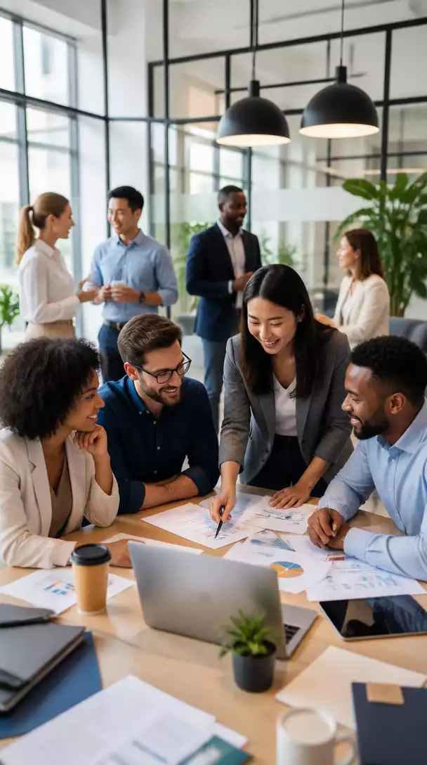 Group of diverse people collaborating and networking in a modern office setting, discussing business strategies
