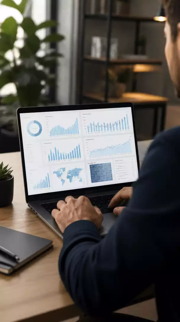 Person using a laptop with various keyword research tool interfaces open on the screen, demonstrating digital marketing analysis, no text, no words, no typography, no labels, clean image