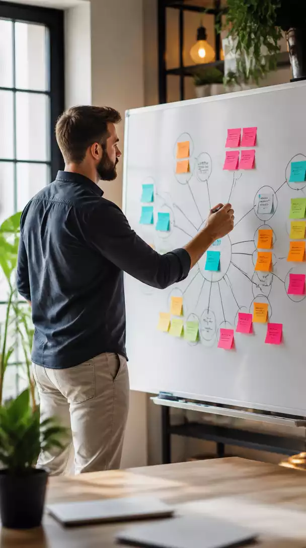 Person planning content on a whiteboard with mind map of affiliate marketing strategies