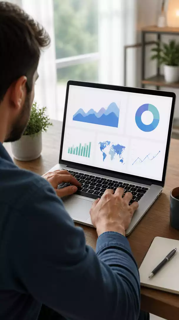 Person using a laptop with graphs and charts on screen, representing affiliate marketing analytics, clean image, no text, no words, no typography, 8K