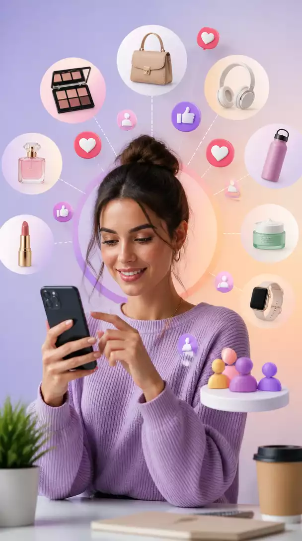 Influencer marketing strategy, showing a person using social media on a phone with various product icons and engagement metrics, no text, no words, no typography, no labels, clean image